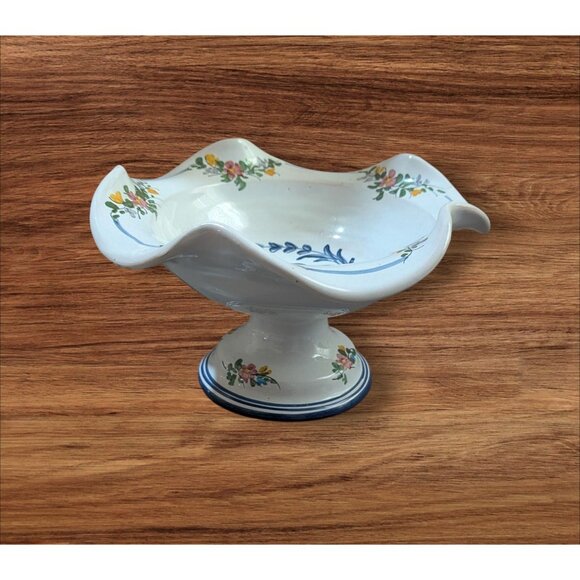 Decorative Footed Pedestal Hand-Painted Floral Ceramic Bowl Wavy Rim Vintage - Picture 1 of 9